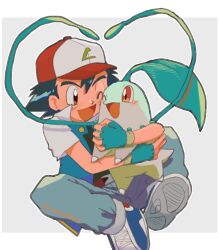 1boy animal animal_hug ash_ketchum baseball_cap black_hair black_shirt blush border chikorita commentary_request creatures_(company) denim fingerless_gloves game_freak gen_2_pokemon gloves grey_background hat heads_together heart highres hug jeans leaf looking_at_another nintendo one_eye_closed open_mouth outside_border pants pokemon pokemon_(anime) pokemon_(classic_anime) pokemon_(creature) red_eyes shirt short_hair short_sleeves sitting smile twitter_username umebosibakari2 white_border