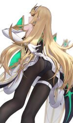 Rule 34 | 1girl, artist request, ass, bare shoulders, blonde hair, blush, bodysuit, detached sleeves, elbow gloves, from behind, from below, gloves, leotard, long hair, looking at viewer, looking back, looking down, miniskirt, mythra (xenoblade), panties, panties under pantyhose, pantyhose, skirt, solo, thighs, underwear, upskirt, very long hair, white panties, xenoblade chronicles (series), xenoblade chronicles 2, yellow eyes