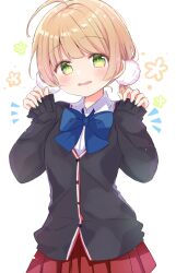 Rule 34 | 1girl, ahoge, black jacket, black sleeves, blonde hair, blue bow, blue bowtie, bow, bowtie, breasts, collared shirt, commentary request, cowboy shot, dot nose, facing viewer, frilled skirt, frills, green eyes, hair tie, hands up, head tilt, highres, indie virtual youtuber, jacket, light blush, looking at viewer, medium breasts, nanami ayane (kusunoki5050), open mouth, red skirt, shigure ui (vtuber), shirt, short hair, skirt, sleeves past wrists, solo, tareme, twintails, upper body, virtual youtuber, white background, white undershirt