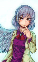 Rule 34 | 1girl, bad id, bad pixiv id, dress, finger to mouth, gradient background, highres, jacket, kishin sagume, paguningen, red eyes, short hair, silver hair, single wing, smile, solo, touhou, wings