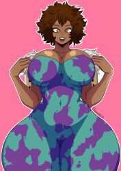 Rule 34 | 1girl, absurdres, alternate color, alternate eye color, alternate form, alternate hair color, alternate skin color, ashido mina, ass, bodysuit, boku no hero academia, breasts, brown hair, cleavage cutout, clothing cutout, dark-skinned female, dark skin, freckles, highres, huge ass, huge breasts, jacket, midriff, navel, smile, solo, thick thighs, thighs, wide hips, yellow eyes