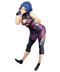 Rule 34 | 1girl, adjusting eyewear, arm behind back, black gloves, blue eyes, blue hair, bodysuit, breasts, character request, cleavage, dorsiflexion, full body, gloves, hand on own face, looking at viewer, medium breasts, official art, parted lips, red-framed eyewear, short hair, solo, super robot wars, super robot wars x-omega, transparent background, watanabe wataru (character designer)