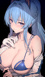 Rule 34 | 1girl, bikini, black background, blue bikini, blue eyes, blue hair, blush, breasts, cleavage, collarbone, gloves, goddess of victory: nikke, hair ornament, hand on own chest, haoni, helm (aqua marine) (nikke), helm (nikke), highres, large breasts, long hair, long sleeves, looking at viewer, official alternate costume, parted lips, ponytail, sidelocks, simple background, single bare shoulder, solo, swimsuit, underboob, upper body, white gloves