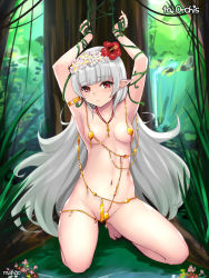 Rule 34 | 1girl, armlet, armpits, arms up, artist name, bdsm, blunt bangs, blush, bondage, bound, breasts, brown eyes, closed mouth, collarbone, day, dungeon and fighter, forest, grass, grey hair, jewelry, kneeling, long hair, looking at viewer, nature, navel, outdoors, parted lips, plant, pointy ears, revealing clothes, shaojiang, signature, small breasts, solo, thighs, tree, very long hair, vines