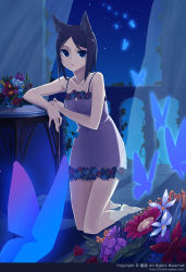Rule 34 | 1girl, animal ears, bad id, bad pixiv id, bare legs, bare shoulders, barefoot, black hair, blue eyes, bug, butterfly, chemise, collarbone, curtains, dress, flower, highres, insect, kneeling, looking at viewer, original, parted lips, see-through, short hair, solo, ssberit, sundress