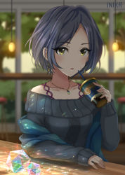 Rule 34 | 10s, 1girl, artist name, bar stool, black hair, blurry, blurry background, blush, breasts, collarbone, counter, cup, drinking straw, earrings, gem, hayami kanade, highres, holding, holding cup, hoop earrings, idolmaster, idolmaster cinderella girls, inika, jewelry, long sleeves, looking at viewer, makeup, mascara, necklace, off-shoulder, off-shoulder shirt, off-shoulder sweater, off shoulder, open mouth, parted bangs, pendant, shawl, shirt, short hair, sleeves past wrists, small breasts, solo, stool, sweater, upper body, yellow eyes