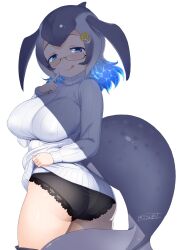 Rule 34 | 1girl, anchor hair ornament, ass, black panties, blowhole, blue eyes, blue hair, blue whale (kemono friends), blush, breasts, cetacean tail, clothes lift, come hither, commentary, covered erect nipples, dress, fins, fish tail, glasses, grey hair, hair ornament, half-closed eyes, highres, japari symbol, kemono friends, lace, lace panties, large breasts, licking lips, lifted by self, long hair, long sleeves, looking at viewer, masuyama ryou, multicolored hair, naughty face, panties, seductive smile, smile, sweater, sweater lift, tail, tongue, tongue out, turtleneck, underwear