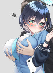 Rule 34 | 1boy, 1girl, aqua eyes, blue archive, blue cardigan, blue hair, blush, grabbing another&#039;s breast, breasts, cardigan, chihiro (blue archive), glasses, grabbing, grabbing from behind, halo, highres, large breasts, menbou (menbow3v), necktie, sensei (blue archive), squiggle, watch, wristwatch