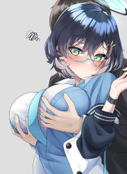 1boy 1girl aqua_eyes blue_archive blue_cardigan blue_hair blush breasts cardigan chihiro_(blue_archive) glasses grabbing_another&#039;s_breast grabbing_from_behind groping halo highres large_breasts menbou_(menbow3v) necktie sensei_(blue_archive) squiggle watch wristwatch