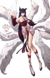 Rule 34 | 1girl, absurdres, ahri (league of legends), animal ears, bare shoulders, black hair, breasts, bryan song, character name, cleavage, collarbone, detached sleeves, facial mark, fox ears, fox tail, highres, kneehighs, korean clothes, korean clothes(arranged), large breasts, league of legends, long hair, low neckline, multiple tails, nail polish, simple background, socks, solo, tail, whisker markings, white background, white socks, yellow eyes
