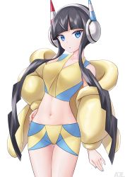 Rule 34 | 1girl, a-plug, absurdres, bike shorts, black hair, blue eyes, blue nails, blunt bangs, breasts, closed mouth, collarbone, commentary request, cowboy shot, creatures (company), elesa (pokemon), eyelashes, game freak, hand on own hip, headphones, highres, jacket, long hair, looking at viewer, medium breasts, multicolored hair, nail polish, navel, nintendo, off shoulder, pokemon, pokemon bw2, red nails, shirt, simple background, sleeveless, sleeveless shirt, solo, streaked hair, watermark, white background, yellow jacket