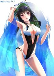 Rule 34 | 1girl, arm up, black hair, black one-piece swimsuit, blue sky, blush, breasts, center opening, cleavage, closed eyes, commission, unworn eyewear, floral print, hachiware (8ware63), hands up, highres, holding, holding removed eyewear, kantai collection, long hair, looking at viewer, o-ring, o-ring swimsuit, one-piece swimsuit, open mouth, palm leaf, pixiv commission, red eyes, sky, solo, sun, sunglasses, swimsuit, twitter username, two-tone swimsuit, white one-piece swimsuit, yamashiro (kancolle)