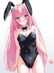 1girl animal_ears auroraescientia bare_arms bare_legs bare_shoulders black_bow black_bowtie black_leotard blush bocchi_the_rock! bow bowtie breasts cameltoe cleavage cleft_of_venus closed_mouth collar collarbone commentary covered_navel cowboy_shot cube_hair_ornament curvy embarrassed eyelashes fake_animal_ears frown furrowed_brow gluteal_fold gotoh_hitori groin hair_between_eyes hair_ornament highres large_breasts leotard long_hair looking_at_viewer one_side_up pink_hair playboy_bunny rabbit_ears shiny_skin sidelocks simple_background solo standing straight-on straight_hair very_long_hair white_background white_collar wide_hips