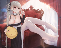 1girl, absurdres, azur lane, between breasts, black dress, blue flower, breasts, cleavage, dress, eyebrows visible through hair, flower, formidable (azur lane), frilled dress, frills, full body, gothic lolita, grey hair, hair ribbon, highres, indoors, large breasts, lim (ramu), lolita fashion, long hair, looking at viewer, manjuu (azur lane), neckwear between breasts, pantyhose, platinum blonde hair, red eyes, ribbon, solo, toes, twintails, two-tone dress, two-tone ribbon, vase, very long hair, white legwear, white neckwear