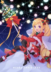 Rule 34 | 1girl, alternate costume, bell, blonde hair, bow, box, christmas tree, dated, dress, elise (fire emblem), fire emblem, fire emblem fates, fur trim, gift, gift box, hair bow, high heels, highres, holding, holding staff, long hair, long sleeves, merry christmas, multicolored hair, night, night sky, nintendo, open mouth, purple eyes, purple hair, sitting, sky, solo, staff, star (sky), transistor, twintails