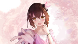 Rule 34 | 1girl, :d, absurdres, beckoning, blouse, blush, bracelet, braid, brown eyes, brown hair, collarbone, diamond hair ornament, frilled sleeves, frills, hair between eyes, hair flaps, hair ornament, hair ribbon, hairclip, highres, hololive, jewelry, long hair, long sleeves, looking at viewer, low neckline, official alternate costume, open mouth, outstretched hand, petals, pink ribbon, pink shirt, reaching, reaching towards viewer, ribbon, shirt, single braid, smile, solo, star (symbol), star hair ornament, tokino sora, tokino sora (casual), upper body, virtual youtuber, wnaph