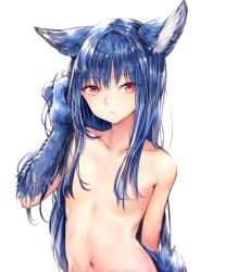 Rule 34 | 1girl, animal hands, arm at side, blue hair, breasts, closed mouth, commentary request, fenrir (shingeki no bahamut), granblue fantasy, grey hair, hair between eyes, hair censor, hair over breasts, hand up, highres, long hair, looking at viewer, navel, nude, pink eyes, shingeki no bahamut, sidelocks, simple background, slit pupils, small breasts, solo, sukemyon, upper body, very long hair, white background