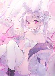 Rule 34 | 1girl, animal ears, bare shoulders, black bow, black footwear, boots, bow, breasts, bustier, cake, collarbone, commentary request, cross-laced footwear, double bun, feet out of frame, flower, food, food on face, frilled thighhighs, frills, garter straps, grey hair, hair bow, hair bun, hair ornament, hairclip, hand up, holding, holding food, jacket, lace-up boots, leotard, long hair, off shoulder, open clothes, open jacket, original, parted lips, petals, pink flower, pink rose, playboy bunny, purple eyes, rabbit ears, rose, small breasts, solo, strawberry shortcake, suzumori uina, thick eyebrows, thighhighs, twintails, very long hair, white jacket, white thighhighs, wrist cuffs