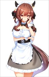 Rule 34 | 1girl, absurdres, alternate costume, animal ears, apron, breasts, brown hair, cleavage, closed mouth, commentary request, enmaided, gentildonna (umamusume), hair ornament, hair rings, hand on own chest, highres, horse ears, horse girl, large breasts, long hair, looking at viewer, maid, maid headdress, medium hair, red eyes, ribbon, shaded face, simple background, solo, sunny (20597521), umamusume, white background