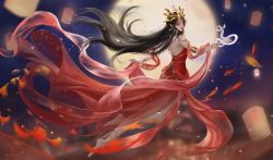 Rule 34 | 1girl, a da jintian nuli huahua liao ma, absurdres, barefoot, black hair, cai lin (doupo cangqiong), doupo cangqiong, dress, earrings, full body, hair ornament, highres, holding, holding clothes, holding skirt, jewelry, jumping, lantern, long hair, moon, night, night sky, red dress, second-party source, skirt, sky, snake, solo