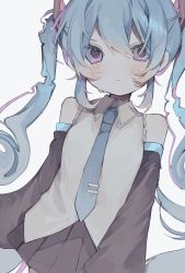 Rule 34 | 1girl, bare shoulders, black skirt, black sleeves, blue hair, blue necktie, closed mouth, collared shirt, colored tips, commentary, cowboy shot, detached sleeves, frown, hair between eyes, hair ornament, hatsune miku, highres, liquid hair, long hair, looking at viewer, multicolored hair, necktie, pink eyes, pink hair, pleated skirt, shirt, simple background, skirt, slept sui, solo, tears, tie clip, very long hair, vocaloid, white background, white shirt
