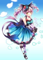 Rule 34 | 1girl, alternate costume, black bow, blue dress, bow, camera, dress, full body, gl ztoh, hair bow, hair ornament, iggy (soccer spirits), official art, pink hair, shoes, soccer spirits, socks, solo, standing, tongue, tongue out, twintails, white socks, yellow eyes