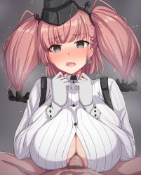 Rule 34 | 1boy, 1girl, anchor hair ornament, atlanta (kancolle), blush, breast press, breasts, breasts squeezed together, breath, brown hair, censored, cleavage, cum, detached collar, elbow gloves, garrison cap, garukichi, gloves, grey background, hair ornament, hat, hetero, highres, kantai collection, large breasts, long hair, male pubic hair, open mouth, paizuri, partially fingerless gloves, penis, pubic hair, simple background, solo focus, two side up, white gloves