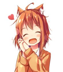 Rule 34 | 1girl, :d, ahoge, animal ears, blush, brown hair, cat ears, closed eyes, facing viewer, happy, heart, long sleeves, minazuki mizu, open mouth, original, own hands clasped, own hands together, short hair, simple background, smile, solo, souffle (minazuki mizu), sparkle, sweater, upper body, white background