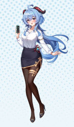 Rule 34 | 1girl, absurdres, adapted costume, ahoge, black pantyhose, black skirt, blue hair, blush, breasts, cellphone, commission, flower knot, full body, ganyu (genshin impact), genshin impact, gold trim, high heels, highres, horns, long hair, looking at viewer, low ponytail, medium breasts, no-ba, office lady, open mouth, pantyhose, pencil skirt, phone, pumps, purple eyes, shirt, shoes, sidelocks, skirt, solo, standing, stiletto heels, sweatdrop, thighlet, thighs, vision (genshin impact), white shirt