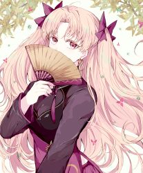 Rule 34 | 1girl, ahoge, black dress, blonde hair, breasts, commentary request, covered mouth, covering own mouth, dress, earrings, ereshkigal (fate), ereshkigal (youming niangniang) (fate), fate/grand order, fate (series), folding fan, gold earrings, hair ribbon, hand fan, hand up, highres, holding, holding fan, hoop earrings, infinity symbol, jewelry, long hair, long sleeves, looking at viewer, multicolored clothes, multicolored dress, nail polish, official alternate costume, parted bangs, red dress, red eyes, red nails, red ribbon, ribbon, small breasts, sodamachi, solo, tassel, upper body, vietnamese dress