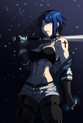 Rule 34 | 1girl, abs, alternate costume, aqua nails, axia-chan, backlighting, baseball bat, black pantyhose, blue eyes, blue hair, breasts, ciel (tsukihime), cleavage, collar, commentary, cross, cross necklace, elbow gloves, english commentary, fingerless gloves, fishnet top, fishnets, from below, gloves, goth fashion, groin, hairband, highres, jewelry, looking at viewer, medium breasts, nail polish, navel, necklace, o-ring, pantyhose, short hair, short shorts, shorts, shoulder tattoo, solo, spiked collar, spikes, studded bracelet, tattoo, thighs, tsukihime