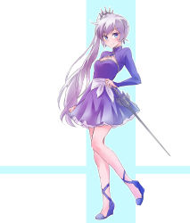 Rule 34 | 1girl, blue dress, blue eyes, blue footwear, breasts, cleavage, closed mouth, dress, earrings, full body, hand on hilt, high heels, highres, iesupa, jewelry, long hair, long sleeves, looking at viewer, pleated dress, rwby, scar, scar across eye, scar on face, short dress, shrug (clothing), side ponytail, silver hair, sketch, sleeveless, sleeveless dress, small breasts, solo, standing, standing on one leg, strapless, strapless dress, very long hair, weiss schnee, white background