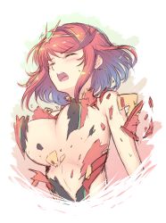 Rule 34 | 1girl, bare shoulders, blush, bouncing breasts, breasts, cat with a brush, closed eyes, cropped torso, exploding clothes, from below, gem, highres, large breasts, open mouth, pyra (xenoblade), red hair, short hair, solo, sweat, swept bangs, tiara, torn clothes, underboob, upper body, v-shaped eyebrows, xenoblade chronicles (series), xenoblade chronicles 2