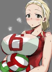 Rule 34 | 10s, 1girl, :o, ball, blonde hair, blush, breast rest, breasts, carrying, girls und panzer, gomu (chewinggom), green eyes, grey background, hair slicked back, hairband, holding, holding ball, huge breasts, large breasts, looking at viewer, parted lips, sasaki akebi, solo, sportswear, sweat, volleyball, volleyball (object), volleyball uniform