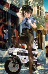 Rule 34 | 1girl, absurdres, arm behind head, belt, black belt, black hair, black skirt, blue eyes, blue necktie, blue shirt, blush, breasts, brown pantyhose, building, collared shirt, day, gloves, hat, highres, holding, hololive, honda motocompo, looking at viewer, medium breasts, minibike, motor vehicle, motorcycle, necktie, oozora subaru, outdoors, pantyhose, parted lips, peaked cap, police, police hat, police uniform, reflection, rotating light, shirt, short hair, short sleeves, skirt, snarkhunt, solo, standing, subaru duck, torn clothes, torn pantyhose, uniform, virtual youtuber, white gloves