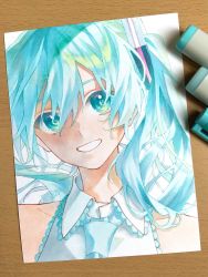 Rule 34 | 1girl, a7mber, absurdres, aqua eyes, aqua hair, aqua necktie, aqua theme, art tools in frame, bare shoulders, close-up, collarbone, collared shirt, hair between eyes, hatsune miku, head tilt, highres, limited palette, looking at viewer, marker (medium), messy hair, necktie, photo (medium), shirt, short hair, sidelighting, simple background, sleeveless, sleeveless shirt, smile, solo, traditional media, twintails, upper body, very short hair, vocaloid, white background, white shirt