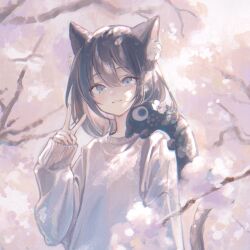 Rule 34 | 1girl, :3, animal ears, brown hair, cat ears, cat girl, cat tail, cherry blossoms, creature, creature on shoulder, grey eyes, highres, long sleeves, looking at viewer, on shoulder, original, popepopo999, short hair, sleeves past wrists, smile, sweater, tail, v, white sweater