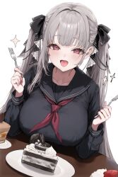 1girl absurdres azur_lane black_ribbon black_sailor_collar black_serafuku blush breasts cake cake_slice chocolate_cake collarbone cookie elbows_on_table fingernails food fork formidable_(azur_lane) formidable_(the_lover&#039;s_heart_flutters_on_duty)_(azur_lane) freng grey_hair hair_intakes hair_ribbon highres holding holding_fork holding_knife knife large_breasts long_fingernails long_hair long_sleeves looking_at_viewer neckerchief official_alternate_costume open_mouth oreo pink_eyes plate red_neckerchief ribbon sailor_collar school_uniform serafuku simple_background smile solo sparkle table tongue twintails two-sided_ribbon two-tone_ribbon very_long_hair white_background white_ribbon