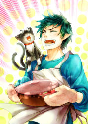 Rule 34 | 1boy, ao no exorcist, apron, blue hair, cat, green hair, grin, highres, kuro (ao no exorcist), male focus, masara (acgarts), mittens, okumura rin, pointy ears, pot, smile, solo