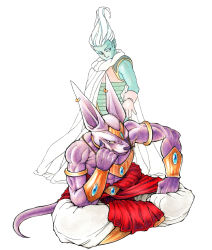 Rule 34 | 2boys, animal ears, armor, bare shoulders, beerus, boots, bracelet, broly (dragon ball z), cat ears, colored skin, dragon ball, dragonball z, dragonball z battle of gods, god of destruction beerus, jewelry, monster, multiple boys, muscular, paragus (dragon ball z), purple skin, sitting, smile, tail, whis, yokisaga