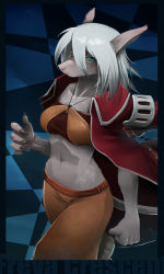 Rule 34 | 00s, 1girl, animal ears, bankage, breasts, burmecian, character name, claws, colored skin, final fantasy, final fantasy ix, fingernails, freija crescent, furry, furry female, grey hair, grey skin, hair over eyes, highres, jacket, jacket on shoulders, long hair, midriff, mouse ears, mouse tail, navel, no headwear, red jacket, sharp fingernails, snout, solo, spaghetti strap, strapless, tail, tube top, walking