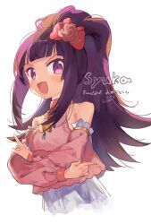Rule 34 | 1girl, :d, bare shoulders, blunt bangs, bow, character name, commentary request, cropped torso, detached sleeves, flower, hair bow, hair flower, hair ornament, hanazono shuka, highres, idol time pripara, long hair, looking at viewer, open mouth, pink bow, pink flower, pink rose, pink shirt, ponytail, pretty series, pripara, purple eyes, purple hair, rose, shirt, simple background, smile, solo, upper body, white background, zuho (vega)