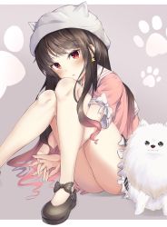 Rule 34 | 1girl, absurdres, animal, animal ears, animal hat, black bow, black footwear, black skirt, blush, bow, brown hair, commentary request, dog, earrings, fake animal ears, fingernails, frilled skirt, frills, gradient hair, grey background, grey eyes, hat, head tilt, highres, hyonee, interlocked fingers, jewelry, long hair, looking at viewer, mary janes, multicolored hair, original, own hands together, parted lips, pink hair, pink shirt, red eyes, sailor collar, school uniform, serafuku, shirt, shoes, short sleeves, skirt, solo, star (symbol), star earrings, two-tone background, very long hair, white background, white bow, white hat, white sailor collar