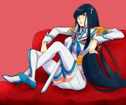Rule 34 | 10s, 1girl, bad id, bad pixiv id, black hair, blue eyes, boots, breasts, couch, crossed ankles, dress, full body, hair ornament, hairclip, high heel boots, high heels, junketsu, katana, kill la kill, kiryuuin satsuki, long hair, looking at viewer, omi (gxtm), red upholstery, sheath, sheathed, short dress, sitting, solo, sword, thigh boots, thighhighs, very long hair, weapon, white dress