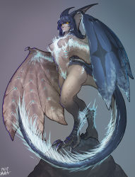 Rule 34 | 1girl, absurdres, blue background, blue hair, blue horns, blue skin, blue wings, brown wings, claws, colored skin, completely nude, digitigrade, dragon, dragon girl, dragon tail, dragon wings, full body, glowing, glowing eyes, gradient background, grey scales, grey skin, highres, horns, legiana, long hair, looking at viewer, monster girl, monster hunter, monster hunter: world, monster hunter (series), muhut, nude, parted lips, personification, purple background, scales, smile, solo, standing, tail, winged arms, wings, wyvern, yellow eyes