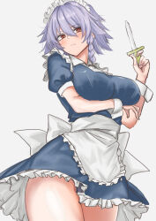 Rule 34 | 1girl, absurdres, arm under breasts, blue dress, blush, braid, breasts, closed mouth, commentary request, cowboy shot, dress, from below, grey hair, hair between eyes, hand up, highres, holding, holding knife, izayoi sakuya, knife, kuraki, large breasts, looking at viewer, medium hair, puffy short sleeves, puffy sleeves, red eyes, serious, short sleeves, simple background, solo, thighs, throwing knife, touhou, twin braids, weapon, white background