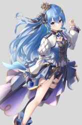 Rule 34 | 1girl, absurdres, bare legs, black shorts, black thighhighs, blue eyes, blue hair, blue ribbon, blue shirt, crown, earrings, feet out of frame, frilled sleeves, frills, hair between eyes, hair ornament, hair ribbon, highres, holding, holding microphone, hololive, hoshimachi suisei, hoshimachi suisei (stellar into the galaxy), jewelry, long hair, long sleeves, microphone, mini crown, ribbon, shirt, short shorts, shorts, showgirl skirt, single thighhigh, solo, star (symbol), star hair ornament, star in eye, symbol in eye, thigh strap, thighhighs, tilted headwear, tsurupy, virtual youtuber