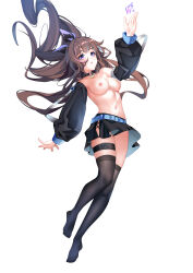 Rule 34 | 1girl, absurdres, belt, belt buckle, black bow, black skirt, black sleeves, black thighhighs, blue belt, bow, breasts, brown eyes, brown hair, buckle, character request, detached sleeves, floating hair, full body, hair bow, highres, long hair, long sleeves, looking up, medium breasts, miniskirt, navel, nipples, open mouth, pleated skirt, shitsurakuen (paradise lost), simple background, skindentation, skirt, solo, thigh strap, thighhighs, topless, very long hair, virtual youtuber, white background