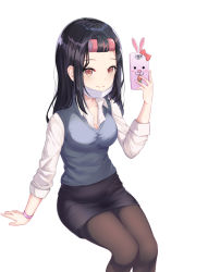 Rule 34 | 1girl, arm support, black hair, black pantyhose, black skirt, blush, breasts, brown eyes, cellphone, check copyright, cleavage, closed mouth, collarbone, collared shirt, coma (light825), copyright request, hair ornament, highres, holding, holding phone, invisible chair, long hair, long sleeves, looking at viewer, mask, mask (joshiraku), mask pull, medium breasts, mouth mask, original, pantyhose, pencil skirt, phone, shirt, simple background, sitting, skirt, smile, solo, striped, white background, white shirt