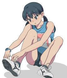 Rule 34 | 1girl, bare arms, bare legs, bare shoulders, black hair, collarbone, commentary request, full body, grey eyes, highres, legs, low twintails, medium hair, open mouth, original, panties, pantyshot, parted lips, shadow, shoelaces, shoes, simple background, sitting, solo, sumiyama, track uniform, twintails, underwear, watch, white background, white footwear, wristwatch